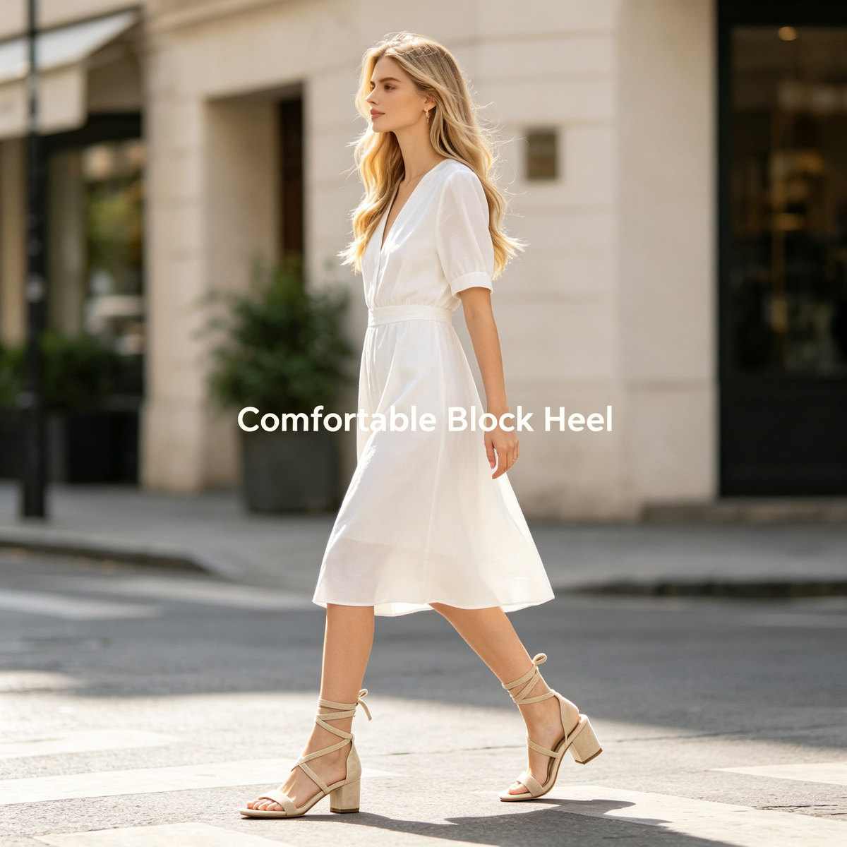 Beige Lace-Up Block Heel Sandals
