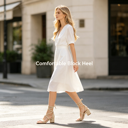 Beige Lace-Up Block Heel Sandals