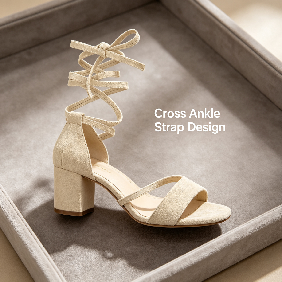 Beige Lace-Up Block Heel Sandals